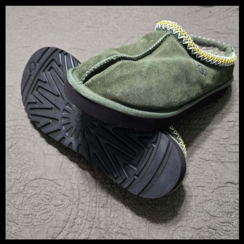 Ugg Slipper Tasman Suede Taz Braid Sheepskin Treadlite Slippers Olive Green, 12